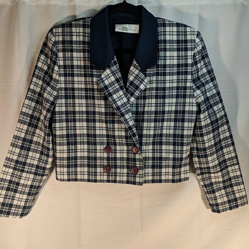 Vintage Two Roads Plaid Blazer Womens' cropped 9 Large L Navy Blue White collar